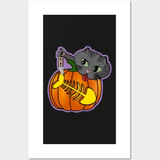 Funny Black Cat Pumpkin Carving Party Halloween Posters and Art